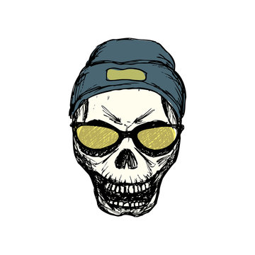 Fashion skull with glasses and hat