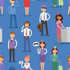 Vector Illustration airline plane seamless pattern background staff pilots and stewardess air hostess flight attendants people command