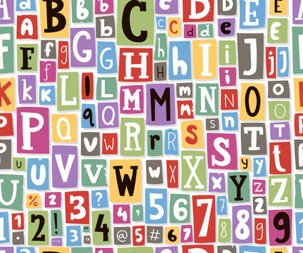 Colorful vector alphabet letters made of newspaper magazine font type typography note seamless pattern background