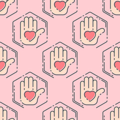 Simple red heart in hand sharp vector seamless pattern beautiful celebrate bright emoticon symbol holiday abstract art decoration.