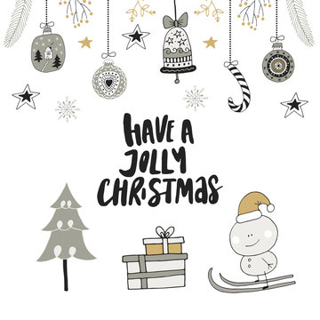 Have a Jolly Christmas - hand drawn Christmas lettering with floral and decorations. Cute New Year clip art.