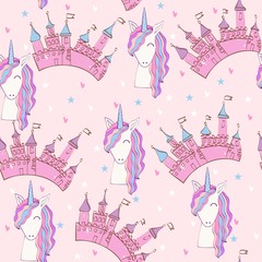Magic cute unicorn with castle. Vector seamless pattern