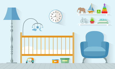 Children's room in flat style. Vector. Interior design of a nursery for a boy.