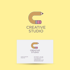 Creative studio logo and identity. C monogram. C letter as pencil icon. Business card.