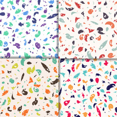 Set of retro colorful terrazzo seamless patterns. Collection of trendy vintage backgrounds.