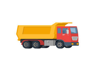 Fototapeta na wymiar Yellow dump truck with red cabin isolated on white background