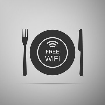Restaurant Free Wi-Fi zone. Plate, fork and knife icon isolated on grey background. Flat design. Vector Illustration