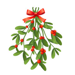 Branch of mistletoe with berries and red bow. A bouquet of Christmas.