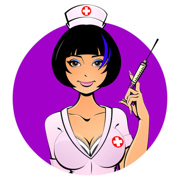 Sexy Asian nurse with a syringe for a shot. Avatar, icon. For adults.