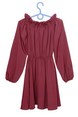 burgundy dress, claret blouse isolated on white,  long-sleeve gown has claret colour