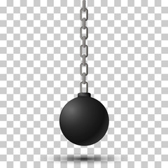 Wrecking ball. Demolition sphere hanging on chains. Vector illustration on transparency background