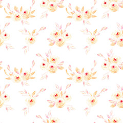 Seamless floral pattern with pink watercolor flower posies, hand-painted on a white background