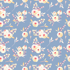 Seamless floral pattern with pink watercolor flower posies, hand-painted on a blue background