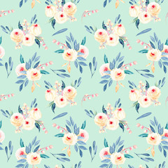 Seamless floral pattern with watercolor flower bouquets in pink and blue shades, hand-painted on a light green background