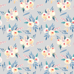 Fototapeta na wymiar Seamless floral pattern with watercolor flower bouquets in pink and blue shades, hand-painted on a grey background