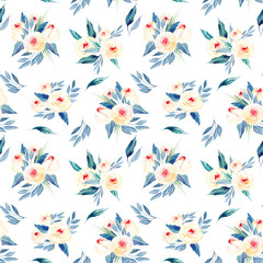 Seamless floral pattern with watercolor flower bouquets in pink and blue shades, hand-painted on a white background