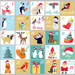 Christmas advent calendar. Winter holidays poster with cute animals and symbols