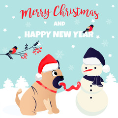 Holiday greeting postcard funny pug and snowman