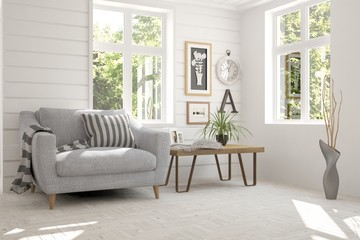 Idea of white room with armchair and summer landscape in window. Scandinavian interior design. 3D illustration