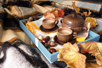 Breakfast on the tray in bed on a warm checkered brown veil. Autumn morning breakfast with coffee and decor from autumn leaves of forest spruce cones and chestnuts