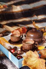 Breakfast on the tray in bed on a warm checkered brown veil. Autumn morning breakfast with coffee and decor from autumn leaves of forest spruce cones and chestnuts