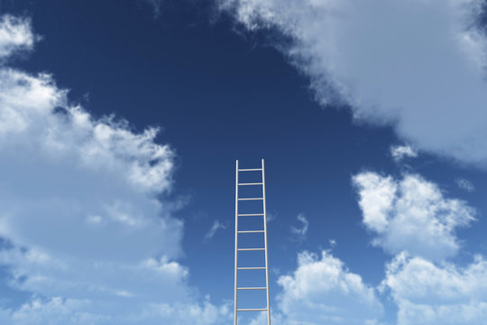 ladders reaching into a blue sky. Growth, future, development concept. 3D Rendering