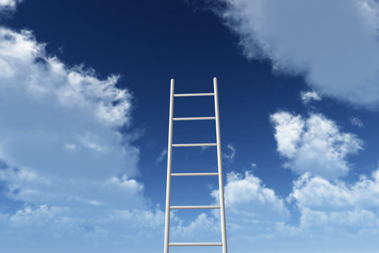 ladders reaching into a blue sky. Growth, future, development concept. 3D Rendering