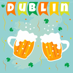 Irish concept celebration background. Flags, beer and shamrock. Perfect for St Patrick celebration