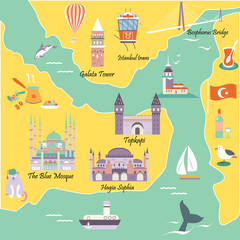 Tourist map with famous destinations and landmarks of Istanbul