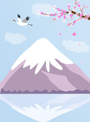 Japanese background with Fuji mountain, blooming sakura and crane