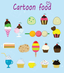 Set of cartoon cakes, pies, ice creams and other desserts.