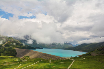 Spectacular Mont-Cenis lake and barrage near Lanslebourg-Mont-Cenis (Savoie,...