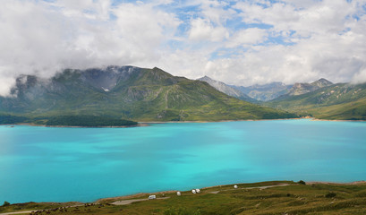 Spectacular Mont-Cenis lake near Lanslebourg-Mont-Cenis (Savoie, Auvergne-Rhone-Alps) on the Col du...