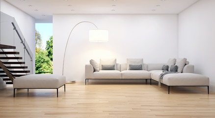 Modern bright living room, white wall. 3D rendering