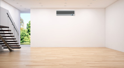 Modern bright living room with air conditioning, white wall. 3D rendering