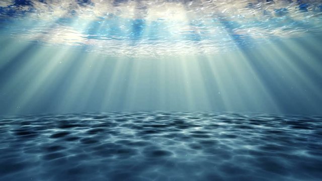 Underwater full hd and 4k footage. High quality animation of ocean waves from underwater with floating plankton and Light rays shining through. the bottom of the ocean