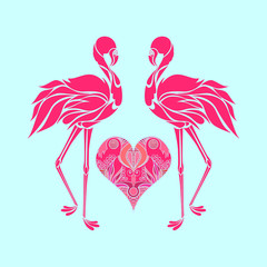Valentine romantic card, two pink flamingos in love, vector illustration