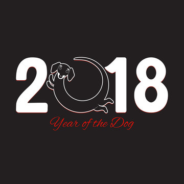 Happy new year of the dog 2018, card, postcard, vector illustration, cute funny dachshund round logo design