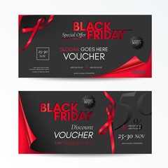 Vector set of modern discount vouchers for black friday sale with curved corners, red small bows and ribbons. Template for gift cards, coupons and certificates. Isolated from the background.