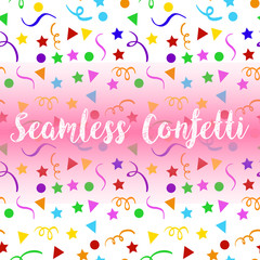 Seamless confetti background with stars and ribbons