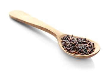 Wooden spoon with wild rice on white background
