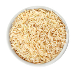 Bowl with brown rice on white background