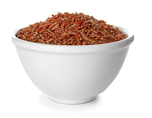 Bowl with red Cargo rice on white background