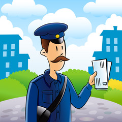 Postman delivering letters. Friendly postman in blue uniform with bag and and the letters in his hands on city background. Vector illustration