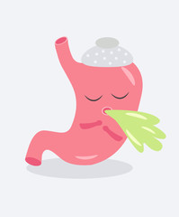 Funny cartoon image of upset stomach caused by the unhealthy food.