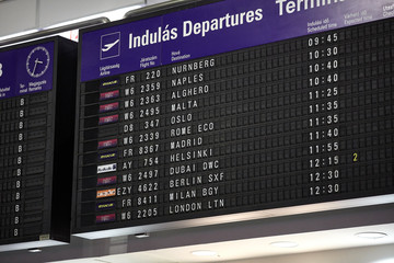 Departures board at the airport. Flight information mechanical timetable. Split flap mechanical...