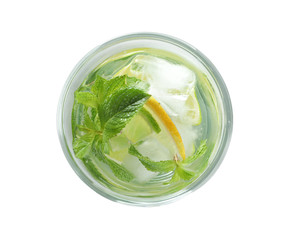 Cold fresh mojito with mint, lime and lemon slices in glass on white background