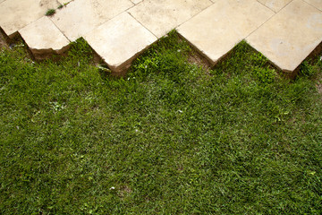 a piece of grass with white tiles