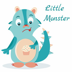 Cute blue monster with muffin in stomach