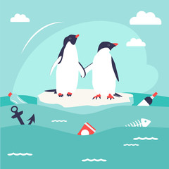Save oceans concept. Illustration with cute penguins.